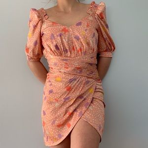 Three floor wrap cocktail dress puff sleeve